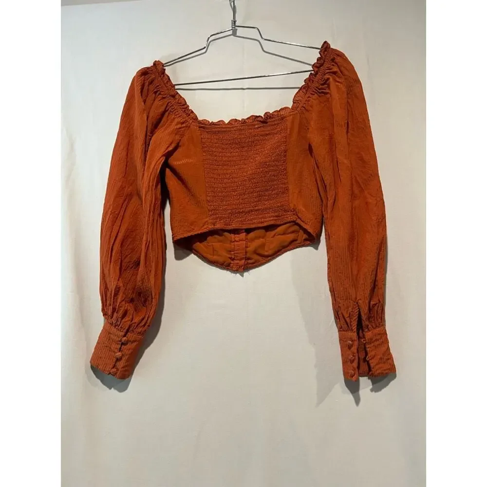 ASTR The Label Rust Smocked Crop Top Puff Sleeve Hook Front XS